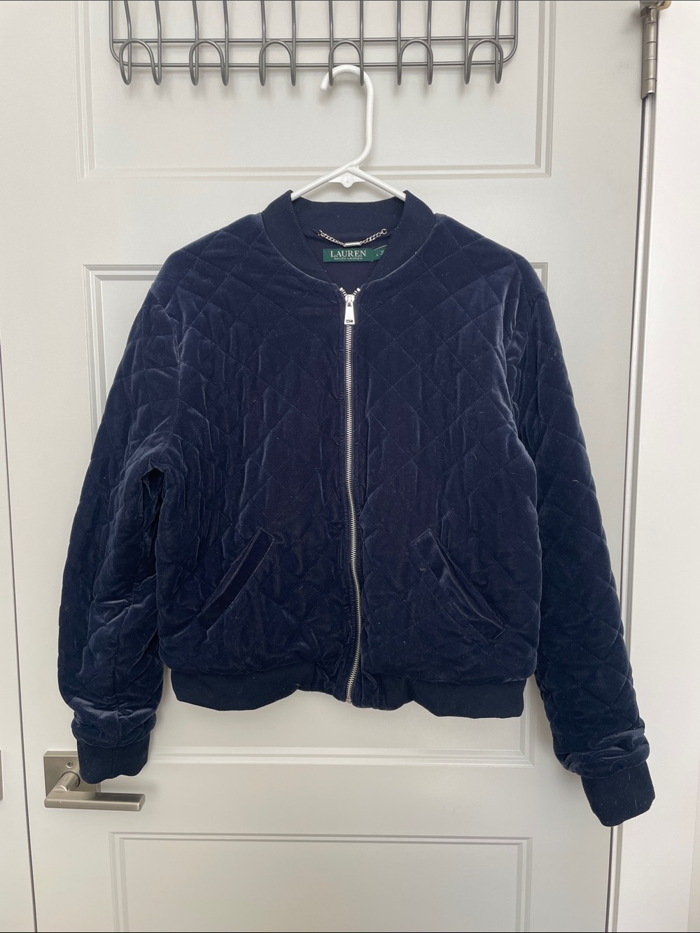 Lauren Ralph Lauren Quilted Velvet Bomber Jacket in Navy